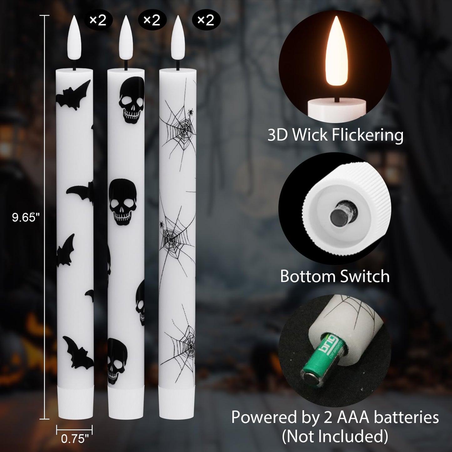 Eldnacele Halloween Flameless Taper Candles Battery Operated with Remote Timer, Set of 6 White Real Wax 3D Wick Flickering LED Taper Candles Spooky Halloween Indoor Decor(0.75" D x 9.65" H)