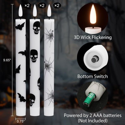 Eldnacele Halloween Flameless Taper Candles Battery Operated with Remote Timer, Set of 6 White Real Wax 3D Wick Flickering LED Taper Candles Spooky Halloween Indoor Decor(0.75" D x 9.65" H)