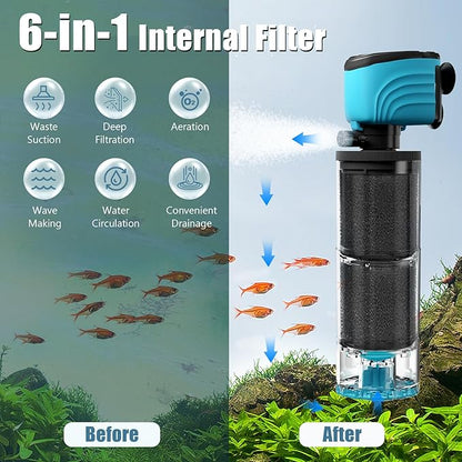 Submersible Aquarium Filter, Upgraded 100-300 Gallon Fish Tank Filter with Fish Guard, Internal Whisper Pump for Turtle Tank, Debris Tray, Check Valve, Fresh/Saltwater, 15-Inch