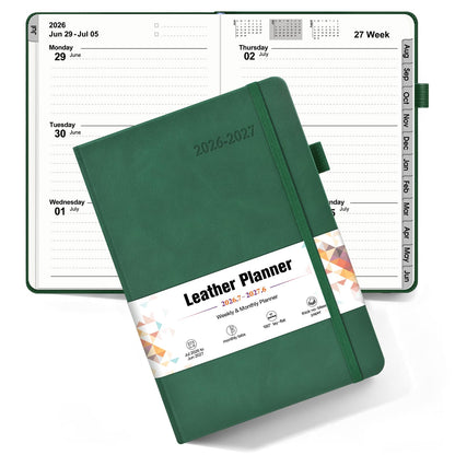 Planner 2026-2027, Academic Weekly and Monthly Calendar Planner from July 2026 - June 2027, Hardcover Leather Daily Agenda Book with Tabs, College School Organizer for Student Teacher, A5 (5.75" x 8.38"), Green