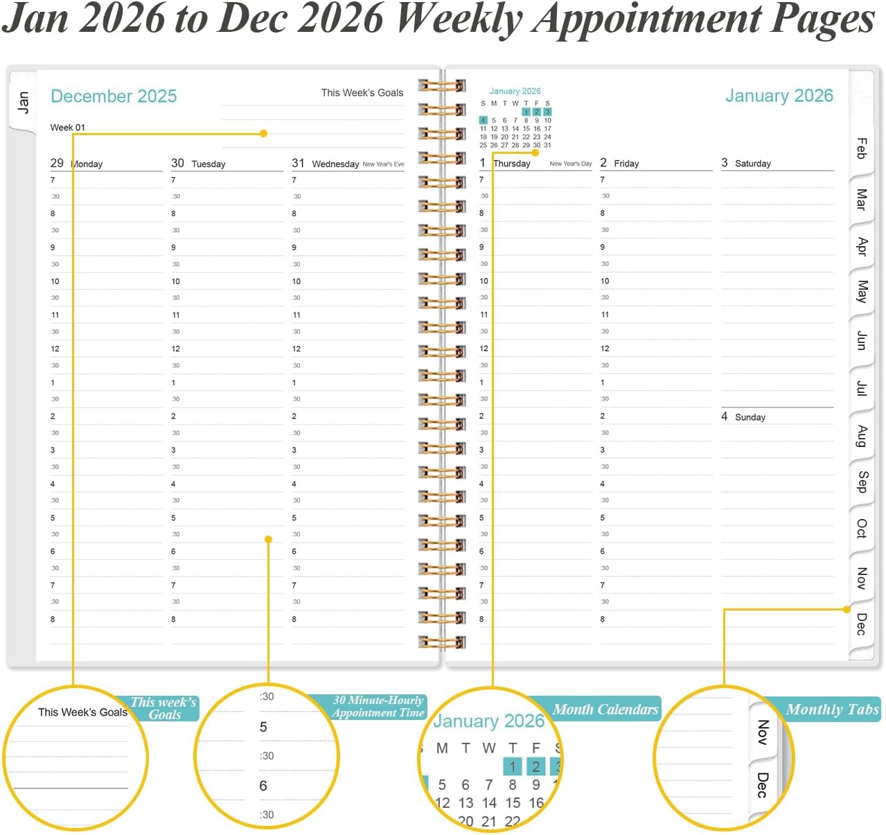 2026 Appointment Book & Planner - 2026 Daily Hourly Planner from January 2026 - December 2026, Weekly Appointment Book with 30-Minute Interval, Medium 6.4" x 8.5", Blue Leaf Flower