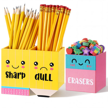 Eaasty Pencil Shaped and Sharp Dull Holder Eraser Wooden Dispenser Pencil Storage 3 Compartments for Back to School Teachers Classroom Organization (2 Pack,Stylish)