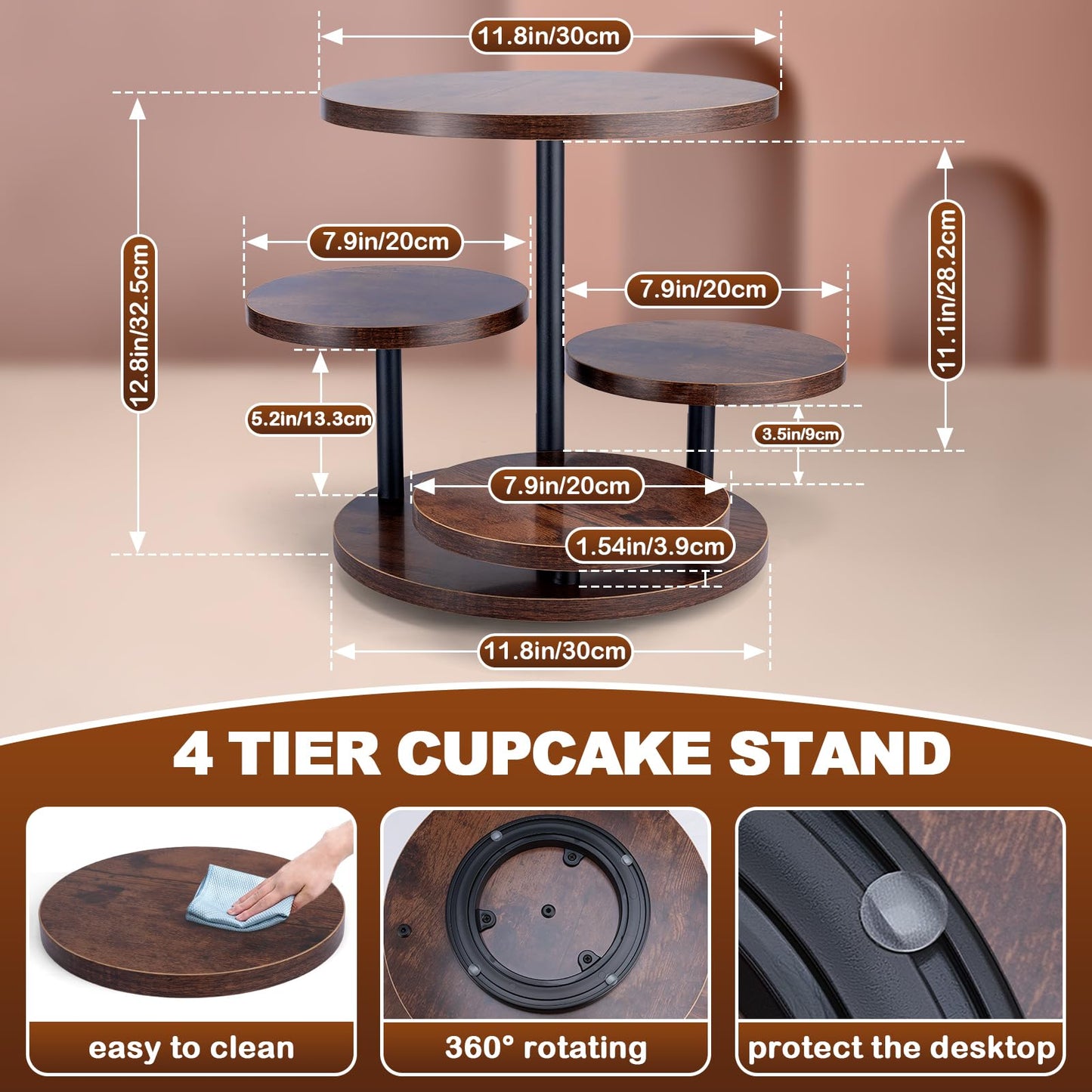 Cupcake Stand, 4 Tier Round Wood Cupcake Tower Stand for 50 Cupcakes, Rotatable Wooden Tiered Display Stand with Tiered Tray, Rustic Cupcake Stands for Birthday Wedding Baby Shower Graduation Party