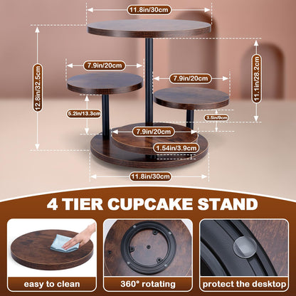 Cupcake Stand, 4 Tier Round Wood Cupcake Tower Stand for 50 Cupcakes, Rotatable Wooden Tiered Display Stand with Tiered Tray, Rustic Cupcake Stands for Birthday Wedding Baby Shower Graduation Party