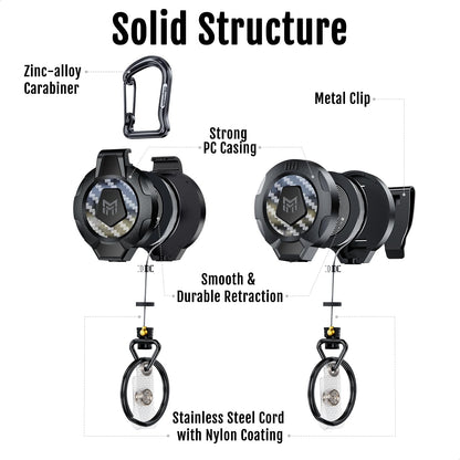 MNGARISTA Upgraded Heavy Duty Retractable Keychain, Belt Clip Ver. & Carabiner Ver., 10 oz Retraction, 31.5" Stainless Steel Cable, 3K Carbon Fiber Tactical ID Badge Reel Key Chain Retractor, 2 Pack