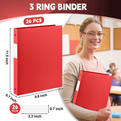 Henoyso 26 Pack 0.5 Inch Plastic 3 Ring Binder Round Ring, Bulk 1/2 Inch Flexible Binders Hold 140 Sheets Letter Size with Pocket, Document Organizer for Back to School Classroom Office (Red)