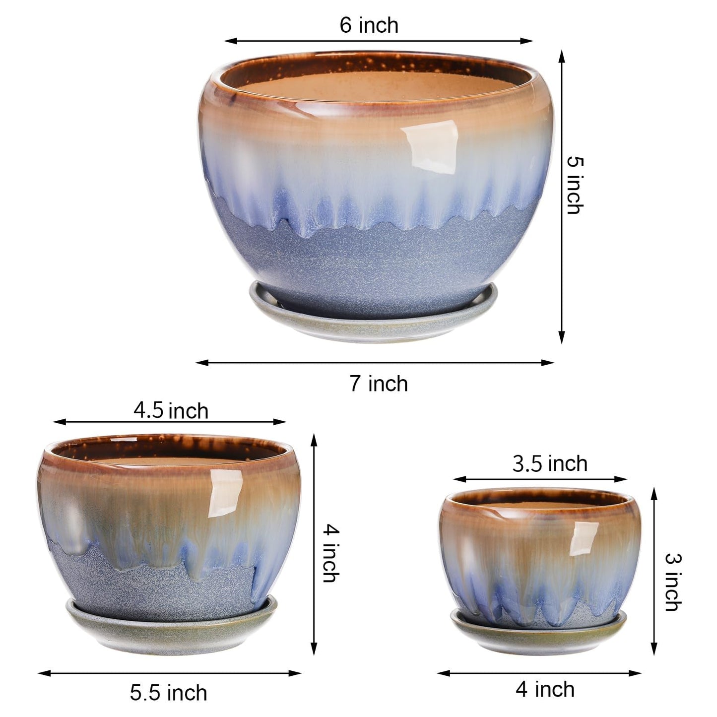 AVLA 3 Pack Ceramic Plant Pots, Gardening Drip Glazed Planters, Decorative Flower Pot with Drainage Hole and Saucer, Round Rustic Houseplant Container for Succulent Herbs Cactus Orchid, Home Office