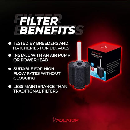Aquatop Internal Sponge Filter – Up to 180 Gallons – CAF-180 – Includes Free Air Stone – Mechanical & Biological Filtration – High Flow Rates