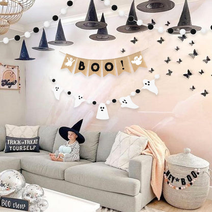 Boo Banner, 4 Pcs Halloween Natural Burlap Bunting Pennant and Cute Felt Ghost with Black White Pom Pom Ball Garland for Farmhouse Shelf Fireplace Mantel Tree Office Classroom Party Hanging Decoration