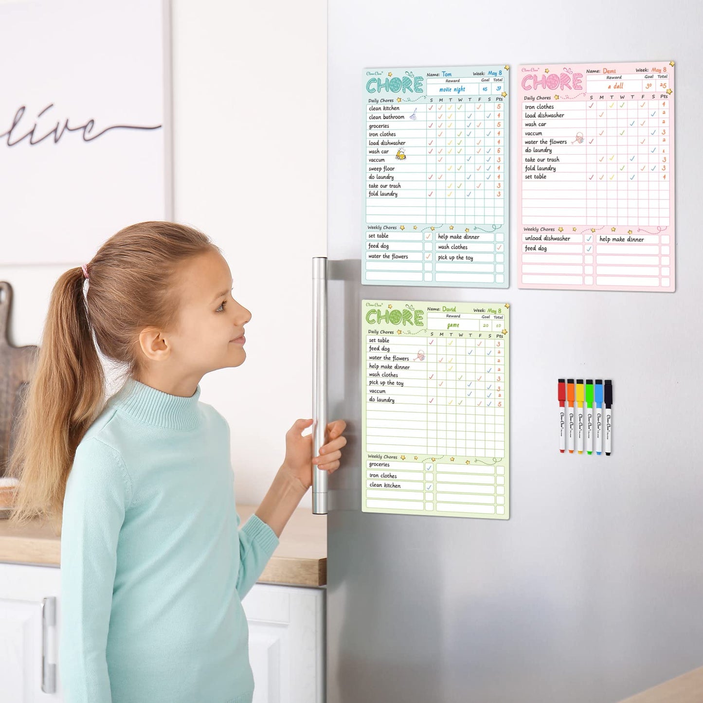 Magnetic Dry Erase Chore Chart - 8.5"x12" Behavior Responsibility Chore Board for Kids, Teenagers - 6 Extra Fine Point Markers Included - Shipped Flat 3 Pcs Blue Pink & Green