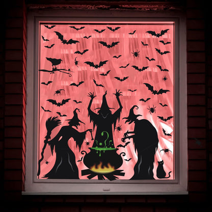 Halloween Window Clings Decorations, Witches with Cauldron Silhouette Black Cats Bats Spider Halloween Window Stickers Decals for Home Party Indoor Outdoor Glass Windows Door Decor