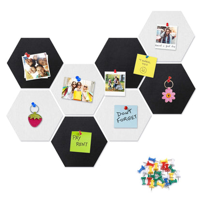 8 Packs Black White Hexagon Felt Pin Board, 12" Bulletin Board with 30 Push Pins, Felt Board for Home Kitchen Office Decor, Self-Adhesive Corkboard Tiles for Walls Message Photos Memos Display