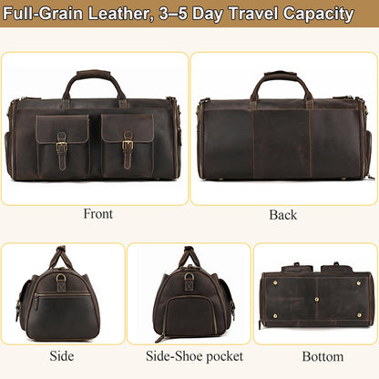 Yevabo Full Grain Genuine Leather Garment Bag for Men 2 in 1 Convertible Suit Travel Duffel Weekender Overnight Bag with Shoe Compartment Business Carry On Luggage, Dark Brown
