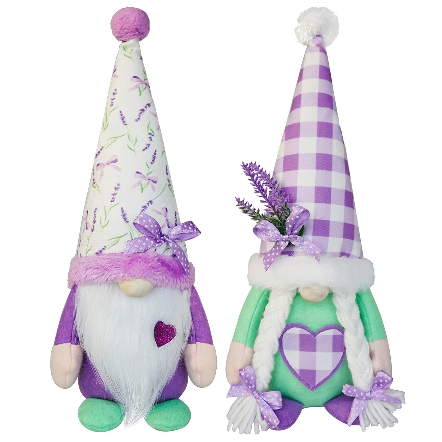 KnomeKo Spring Gnome Decor Set of 2, Lavender Gnomes with Sage Green & Purple Ribbon Bows, Plush Swedish Gnome Decorations for Home Tiered Tray Farmhouse Kitchen, Birthday Gift for Women