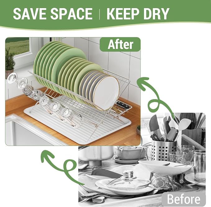 Dish Rack with Drip Tray, Stainless Steel 3-Tier Collapsible Drainer Dish Drying Rack for Kitchen Counter, Sink, Countertop,Cutlery, Dishes Utensils Flatware Holder Set, Reversible Cup Draining Rack