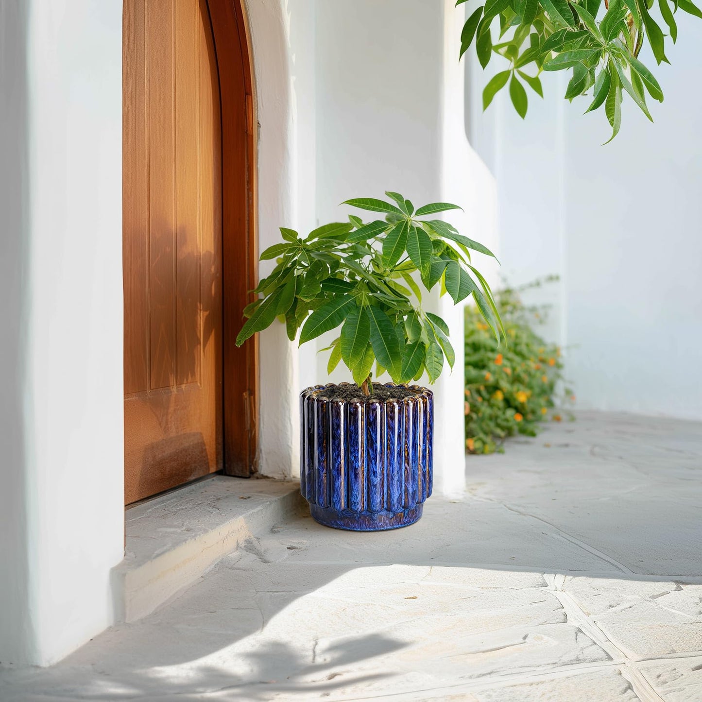 Ceramicfor Ceramic Planter - 9.6 Inch Ceramic Plant Pots Indoor Outdoor, Round Flower Pots with Drainage Hole, Large Fluted Modern Planter, Room Home Bedroom Decor, Plant Lover Gifts, Blue