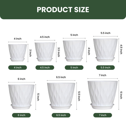 LESOASIS Flower Pots, 7/6.5/6/5.5/5/4.5/4 inch Plastic Plant Pots, 7 Pack Planter for Indoor Outdoor Plants, Nursery Planting Pot with Drainage Holes and Trays (White)