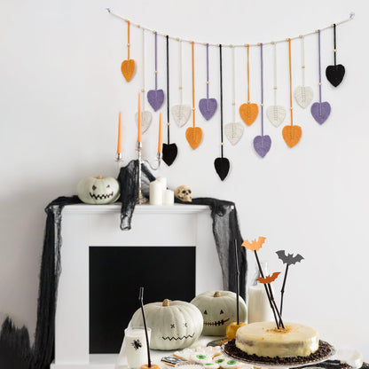 HVEST Halloween Macrame Wall Hanging Boho Decor, Purple Leaves Handmade Woven Tapestry for Bedroom Black and White Bohemian Macrame Wall Art for Living Room Decorations, 29.5L X 47W