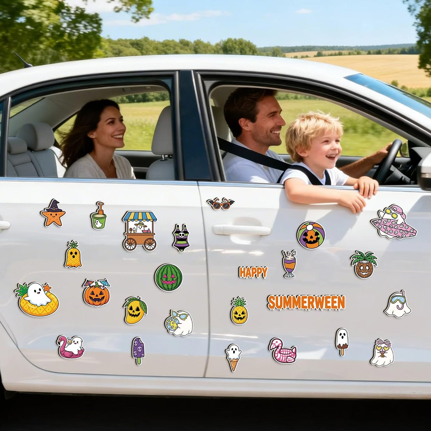 Eartim Summerween Spooky Fridge Magnet - 25Pcs Cartoon Summer Fruit Ice Cream Pumpkin Ghost Refrigerator Magnetic Sticker for Summer Theme Kids Birthday Party Refrigerator Class Bulletin Board Decor