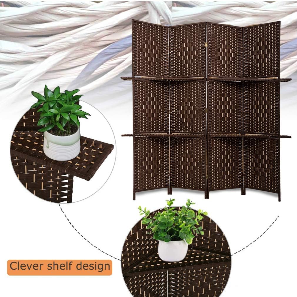FDW Room Divider 4 Panel Room Screen Divider Wooden Screen Folding Portable Partition Screens Wood with Removable Storage Shelves Color,Brown