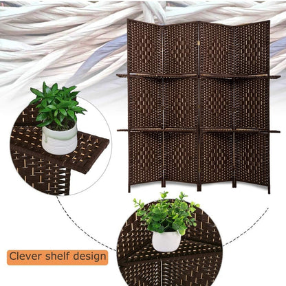 FDW Room Divider 4 Panel Room Screen Divider Wooden Screen Folding Portable Partition Screens Wood with Removable Storage Shelves Color,Brown