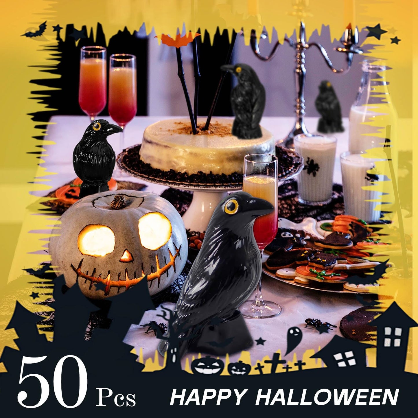 SHIFANQI 50 Pcs Halloween Miniatures Mini Black Crows Figurines, Small Resin Crow Figures, Tiny Raven Decor for Halloween Party Spooky Scene Outdoor Home Garden Decoration DIT Crafts