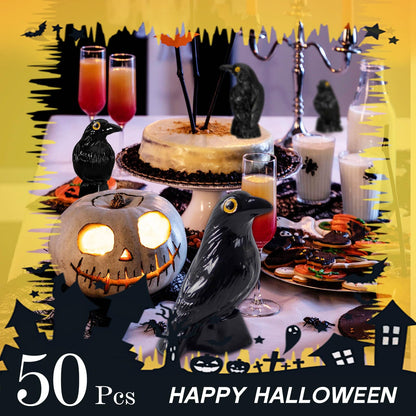 SHIFANQI 50 Pcs Halloween Miniatures Mini Black Crows Figurines, Small Resin Crow Figures, Tiny Raven Decor for Halloween Party Spooky Scene Outdoor Home Garden Decoration DIT Crafts