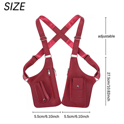 QZAVIRE Double Shoulder Armpit Bag, Leather Adjustable Underarm Shoulder Bag Hidden Underarm Strap Wallet Holster for Outdoor (Burgundy)