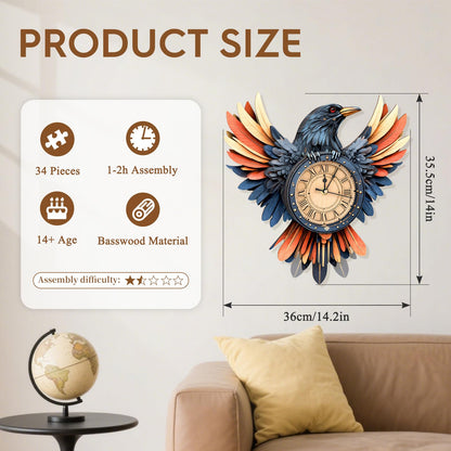 3D Puzzles for Adults Wooden Clock-Raven's Wing Model Kit, Mechanical DIY Pendulum Clock with Roman Numerals-Home Wall Decor, Birthday Christmas Day Gift for DIY Lovers