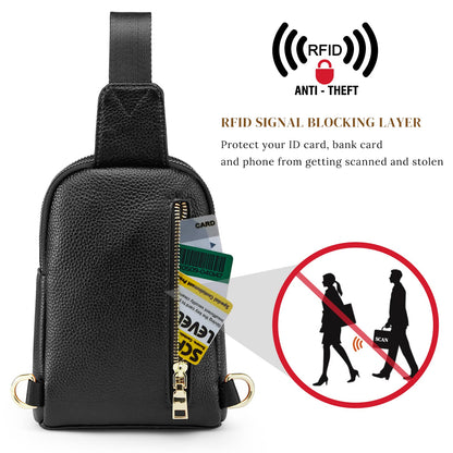 S-ZONE Small/Medium Women Leather Crossbody Sling Bag RFID Blocking Men Chest Packs Backpack Unisex, Black, Small, Retro