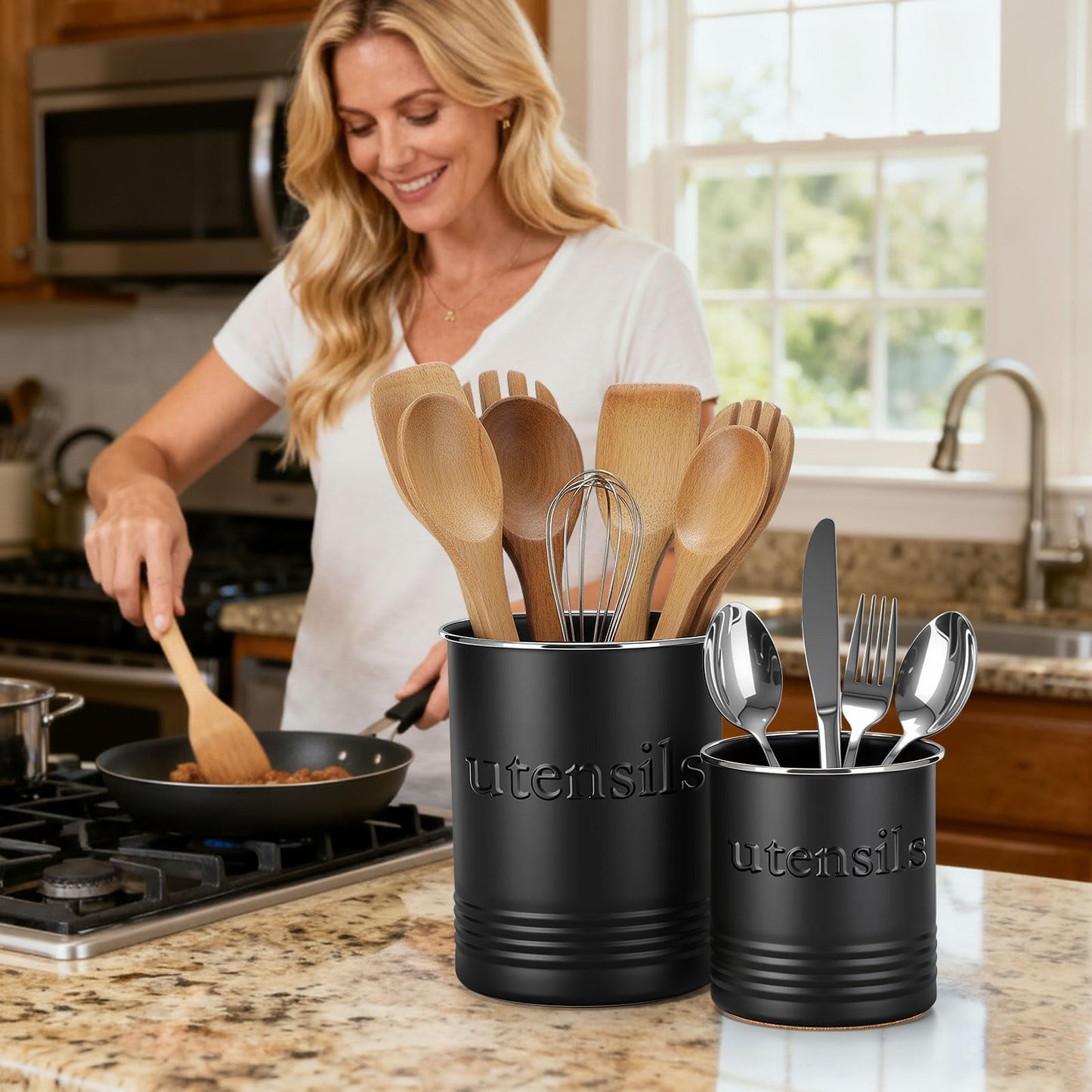 FoldTier 2 Pack Kitchen Utensil Holder for Counter 6.7"+4.7" Farmhouse Cooking Utensil Crock with Cork Bottom Modern Farmhouse Decors Countertop Storage Organizer Caddy Housewarming Gift(Black)