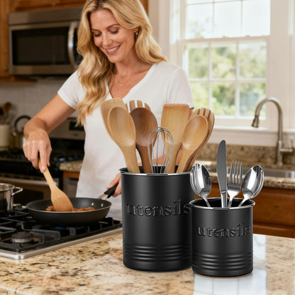 FoldTier 2 Pack Kitchen Utensil Holder for Counter 6.7"+4.7" Farmhouse Cooking Utensil Crock with Cork Bottom Modern Farmhouse Decors Countertop Storage Organizer Caddy Housewarming Gift(Black)