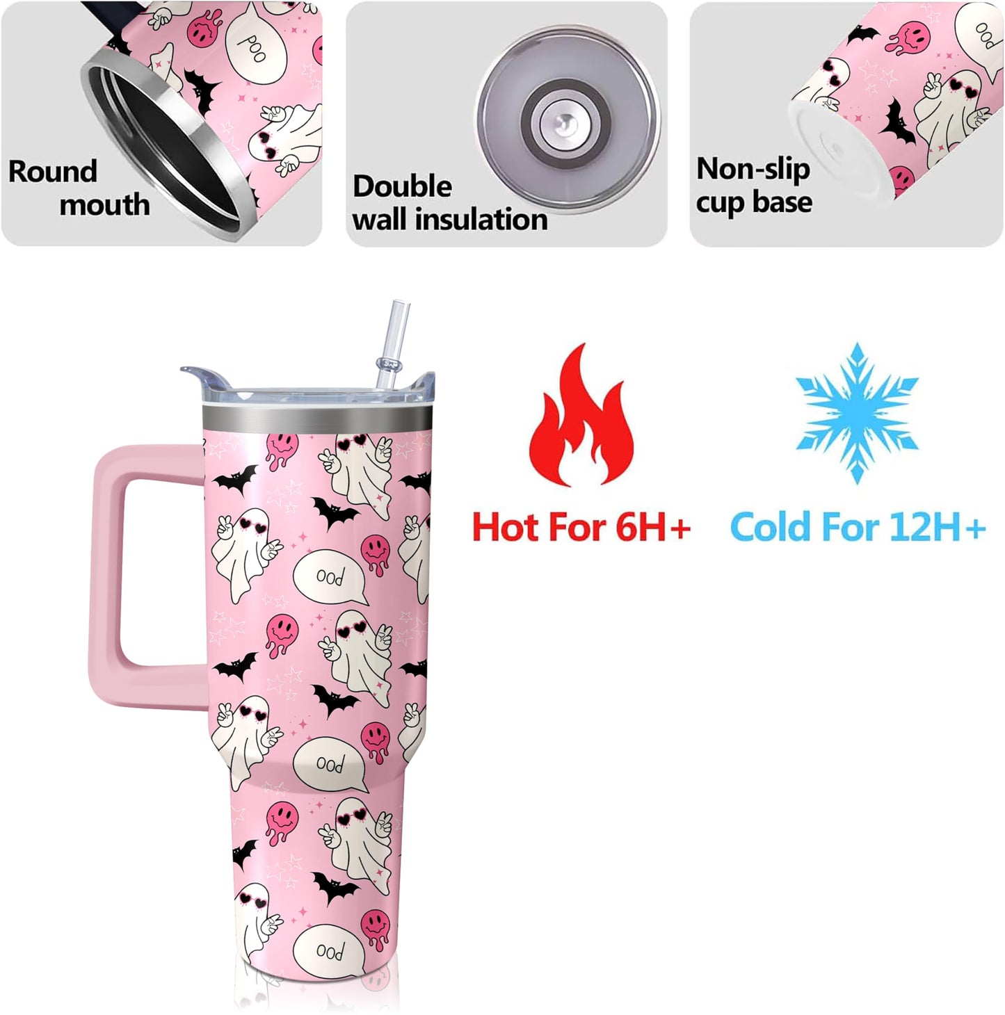 Kearscupra 40oz Cute Ghost Halloween Tumbler With Handle and Straw,Gifts for Women Spooky Pink Bat Melting Smile Face Coffee Mug Water Bottle, Stainless Steel Insulated Cup