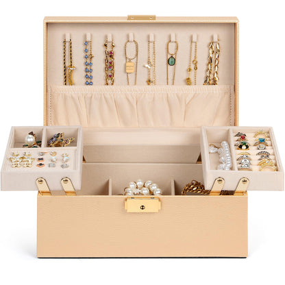 AKOZLIN Travel Jewelry Box Organizer Functional 2-trays Leather Jewelry Storage Case with Lockable Portable for Women Girls Ring Necklace Earring Bracelet Champagne