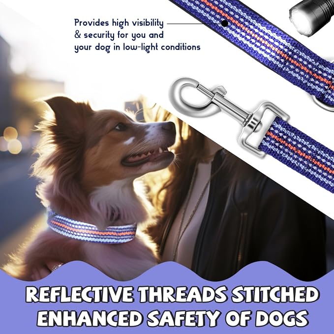 Reflective Dog Collar and Leash Set, Nylon Dog Leash with Heavy-Duty Steel D-Ring, Adjustable with Quick Release Buckle for Large Dogs, Dark Blue L