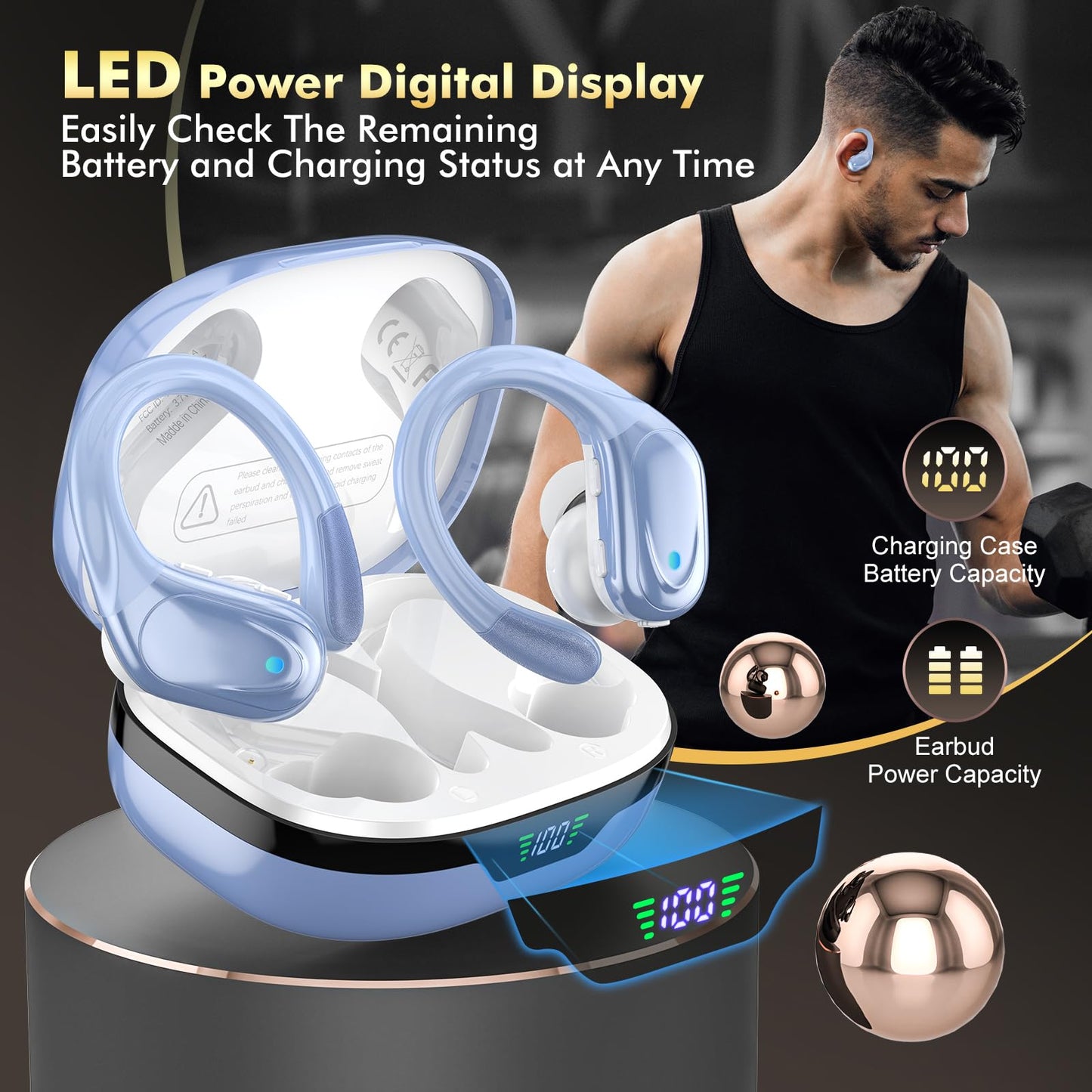 HAOYUYAN Wireless Earbuds, Bluetooth Headphones, Ear Buds with 80hr Playtime, LED Power Display, Noise Canceling, LED Power Display, IPX7 Waterproof Earphones for Gym/Workout/Sport（Blue）