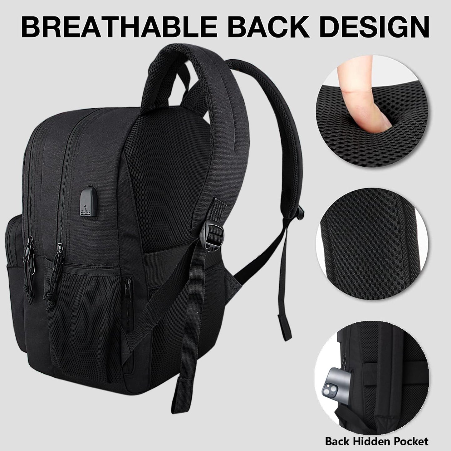 KEOFID Travel backpack for Men and Women, Anti Theft Laptop Backpack with USB Charging Port for Work, Large Bag for College, Carry-on Backpack with Luggage Strap, Water Resistent(Black)