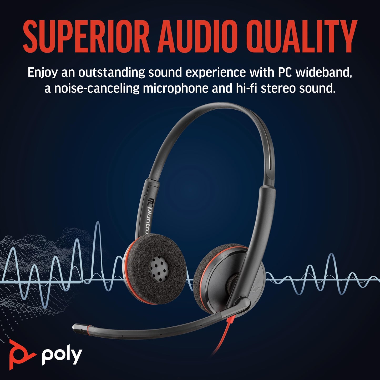 Poly Blackwire 3220 Wired Headset with Mic, Hi-Fi Stereo Sound, Noise-Canceling Mic, Stereo Design, Connect to PC via USB-C & USB-A Adapter, Over-Ear Design, Works with Virtual Meeting Platforms