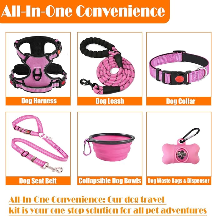 LOBEVE No Pull Dog Harness, Collar & Leash Set | Includes Dog Seat Belt, Collapsible Bowls & Poop Bag Dispenser. Ideal for Training, Walking, Hiking. Fits Small to Large Dogs(Pink-L)