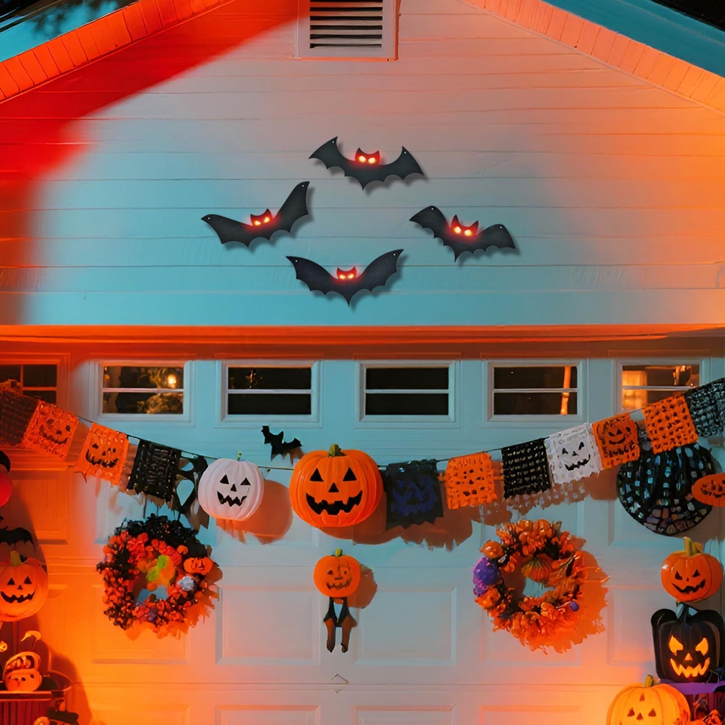 Lighted Halloween Hanging Bats, 4 Packs Halloween Decorations Outdoor Scary Large Black Hanging Flying Bat with LED Lights Spooky Glow Eyes Waterproof for Yard Sign Window Wall Decor Indoor Clearance