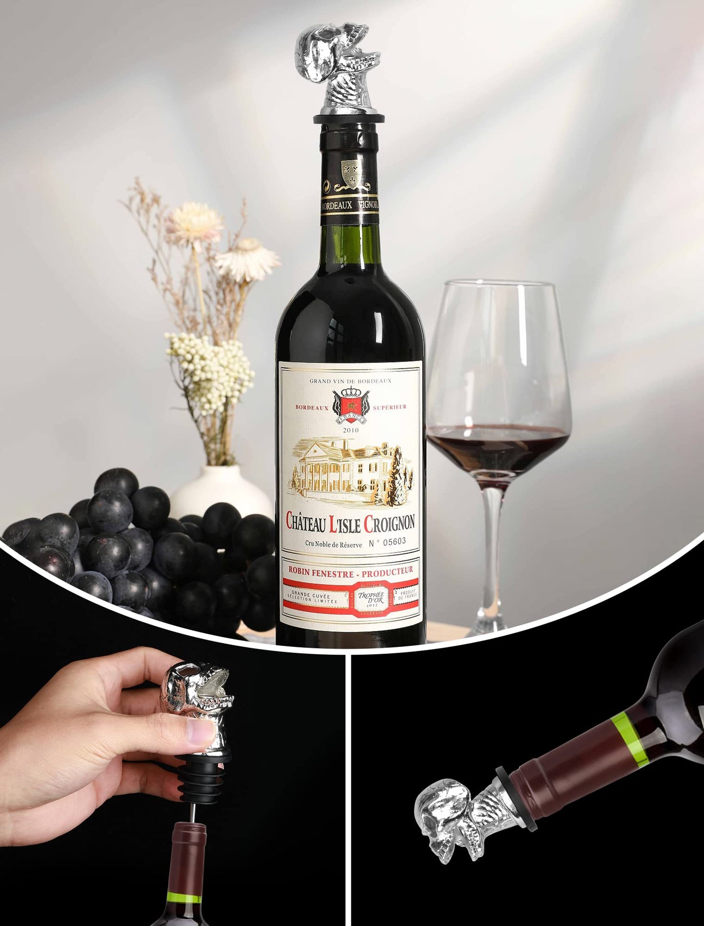Skull Wine Aerator Pourer Spout, Olive Oil Liquor Bottle Decanter, Silver Plated Creative Gifts for Alcohol Spirits Whiskey Lover