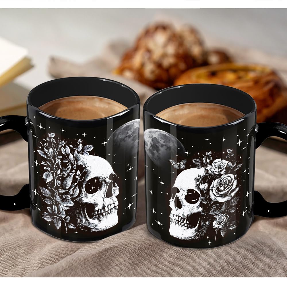 Koouyiedy 2PCS Halloween Mug Gift for Dad, Mom, Couple, Boyfriend, Girlfriend, Goth Gift for Women Men - Skull Mug 11OZ - Witch Gifts for Husband Wife - Gothic Cup with Card