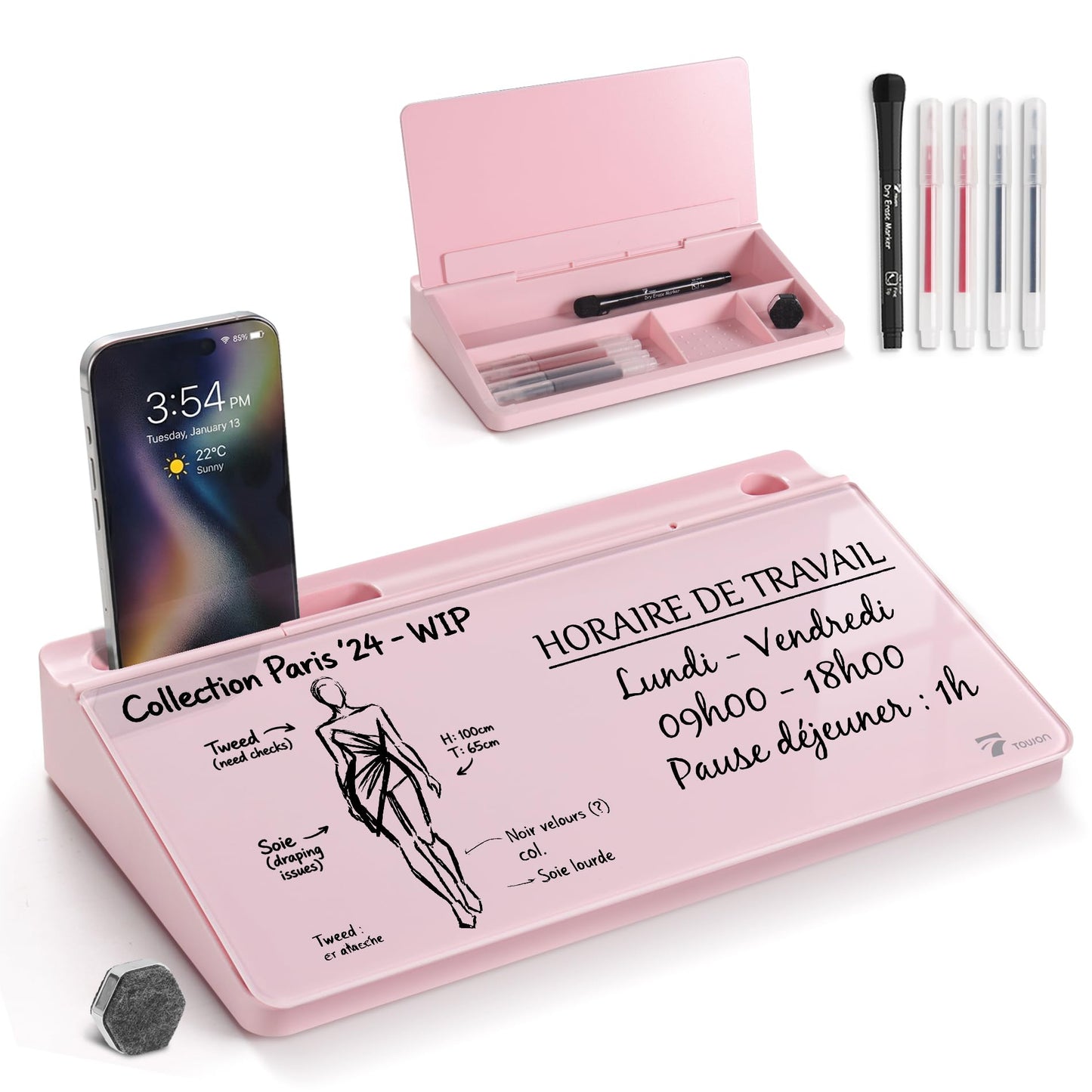 TOWON Small Compact Glass Desktop Whiteboard with Storage – 12 x 7 in Dry Erase Board for Desk, Home Office, School | Includes 5 Markers, Eraser & Holder | Space-Saving Organizer, Aesthetic Pink