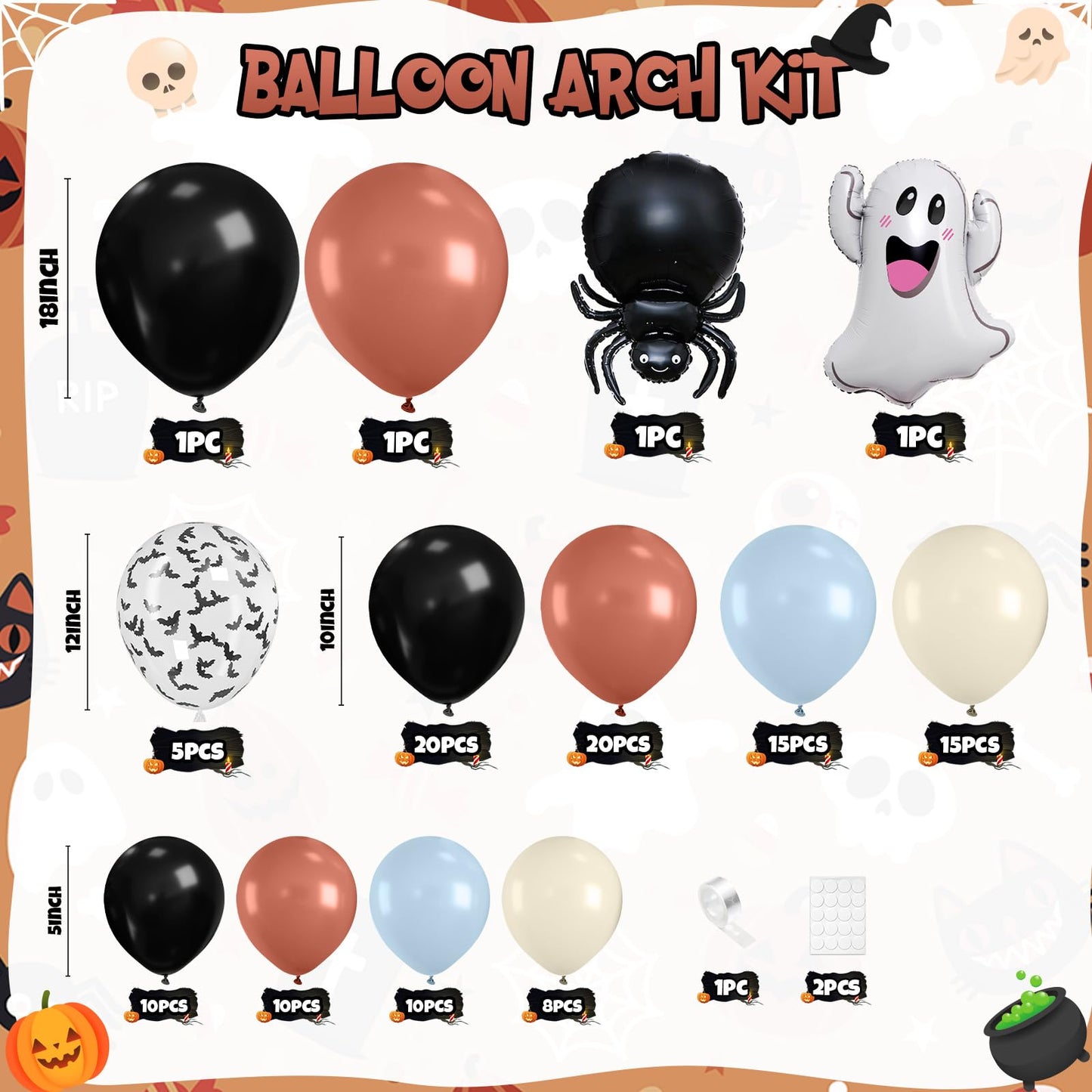 Halloween Balloons Arch Kit, 2025 Halloween Balloon Black Burnt Orange Dusty Blue Latex Balloons Garland with Ghost, Spider, Bat Printed Foil Balloon for Ghost Party Decorations