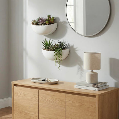 MyGift White Ceramic Wall Planters for Indoor Plants, Half Bowl Hanging Vase, Wall Mounted Succulent Planters, Set of 2