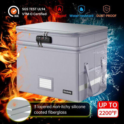 DocSafe File Box with Lock,Multi-Layer Fireproof Document Box Collapsible File Storage Organizer with Pocket,Large Portable Home Office Filing Cabinet Safe for Hanging Letter/Legal Size Folder,Silver