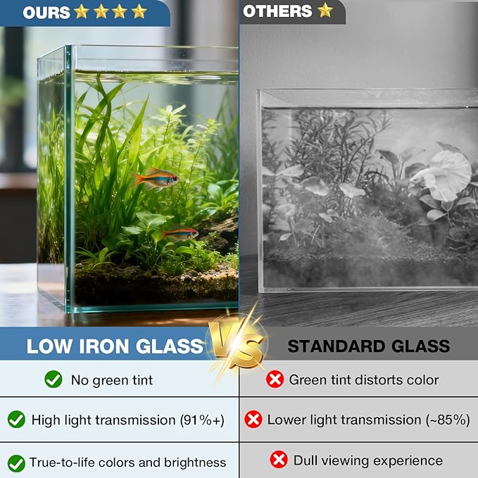 10 Gallon Glass Fish Tank, Nano Aquarium Fish Tank, Rimless Low Iron Aquarium for Betta/Turtle/Goldfish/Snails/Shrimp and Aquatic Planting