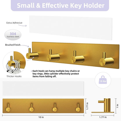 VIS'V Key Holder Wall Mount, Large Adhesive Key Hanger with 4 Hooks, Gold