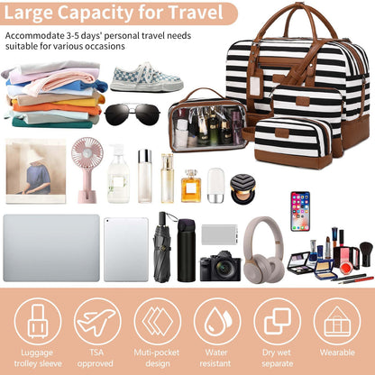 Wogarl 4PCS Weekender Bags for Women Large Overnight Bag Weekend Travel Duffel Bag Carry on Shoulder with Shoe Compartment Canvas Toiletry Bag for Travel Business Gym(Wide Black White-CH)