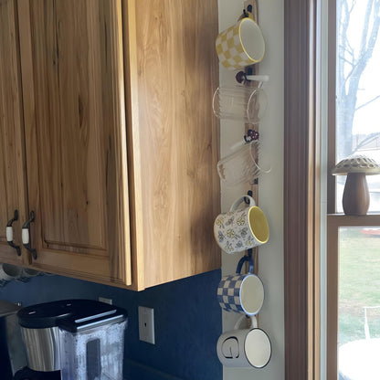 Yohsnor Wall-Mounted Coffee Mug Rack - 6-Hook Solid Wood Cup Holder for Kitchen Cabinet, Space-Saving Tea Bar Organizer with Rustic Decor (Vertical Rectangle Design)